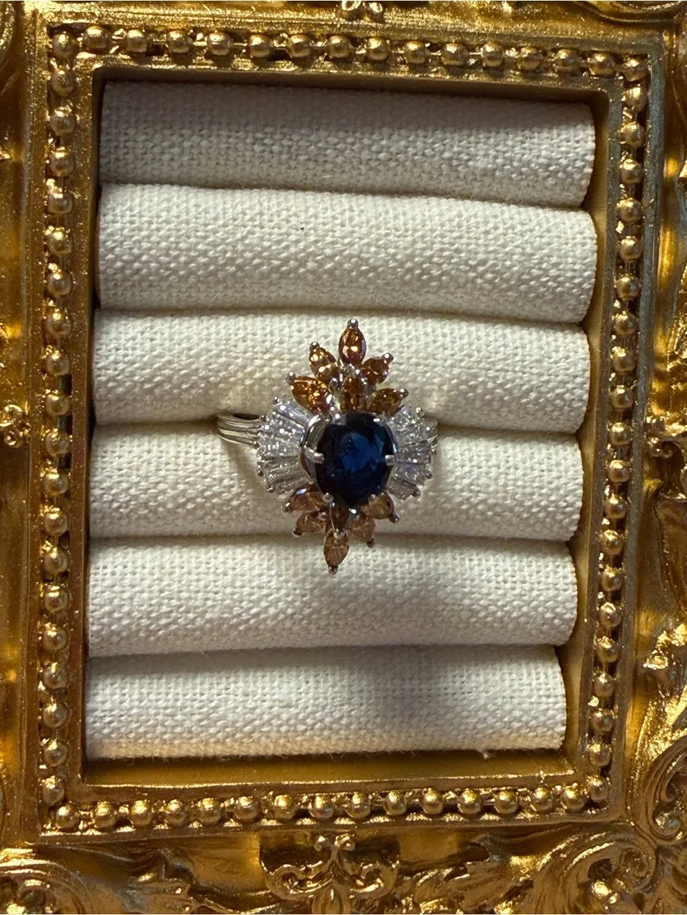 Vintage 18kWhite Gold Blue Sapphire Ring w/ Natural Orangey Diamonds & Baguett